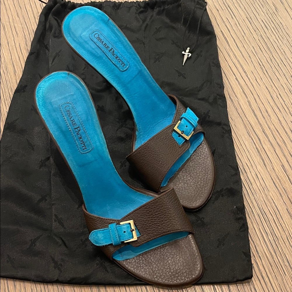 Cesare Paciotti Vintage Turquoise and Dark Brown hi-heeled slip on size 40 US 9